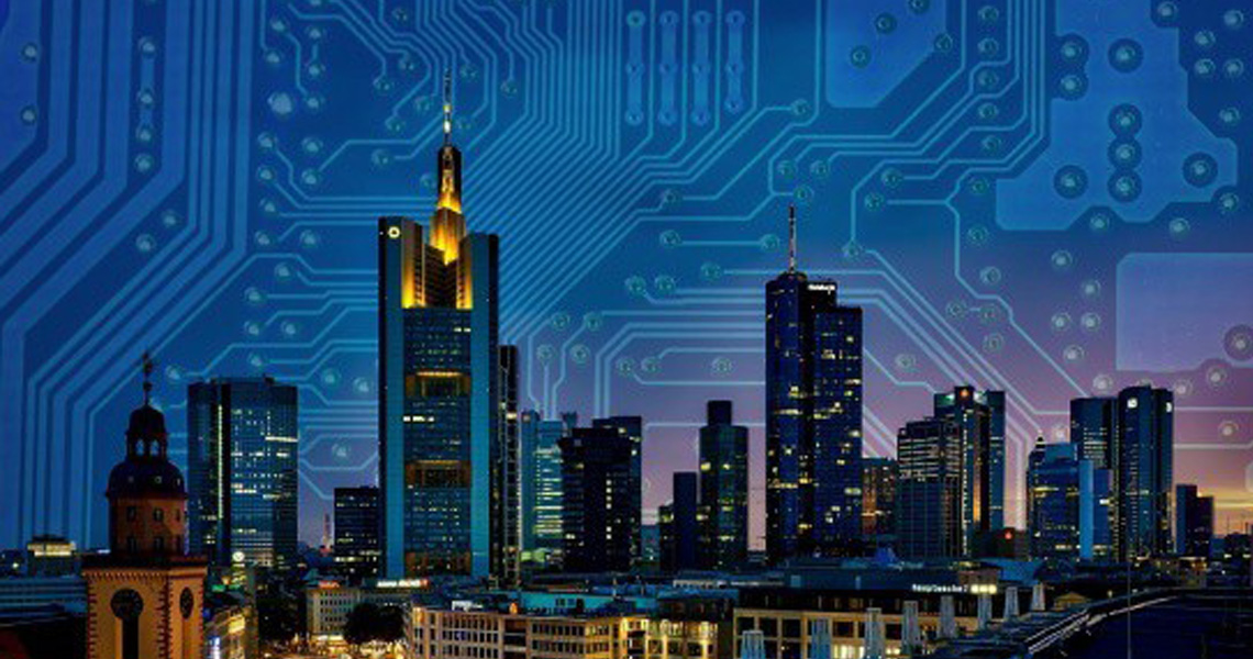View of a cityscape in the night overlaid with electric circuit grid in the background 