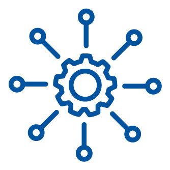 Blue gear icon surrounded by smaller circles with lines