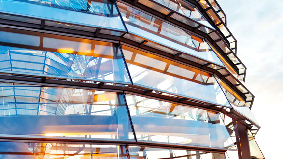Exterior close -up view of a  modern glass skyscraper